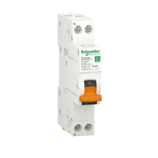 Schneider RCBO, Domae, 1P + N, 10 A, C Curve, 30 mA, type AC, 6000 A