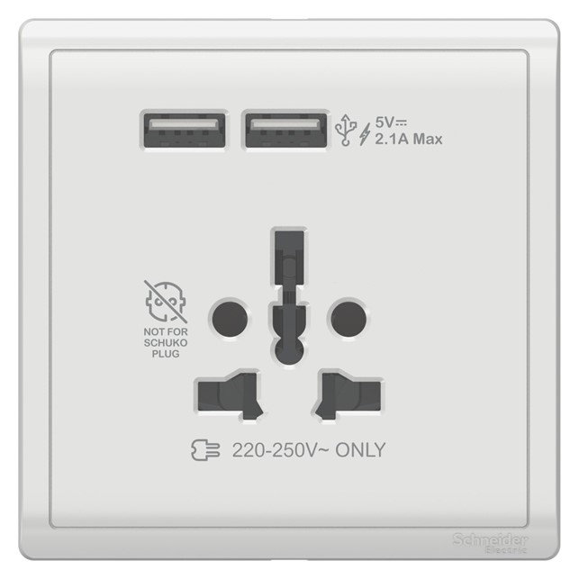 Stop Kontak Schneider Pieno 16A International Socket with 2.1A USB, White
