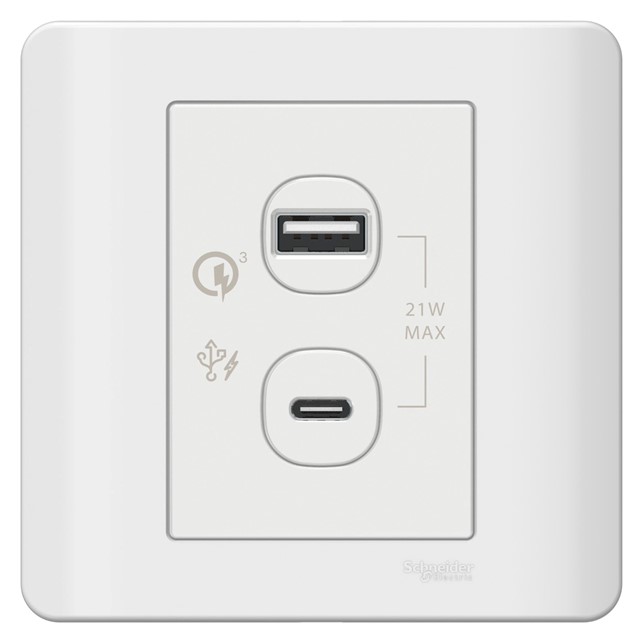 Outlet Data Schneider ZENcelo 21W Type A + Type C, PD+QC3.0 USB Charger, White