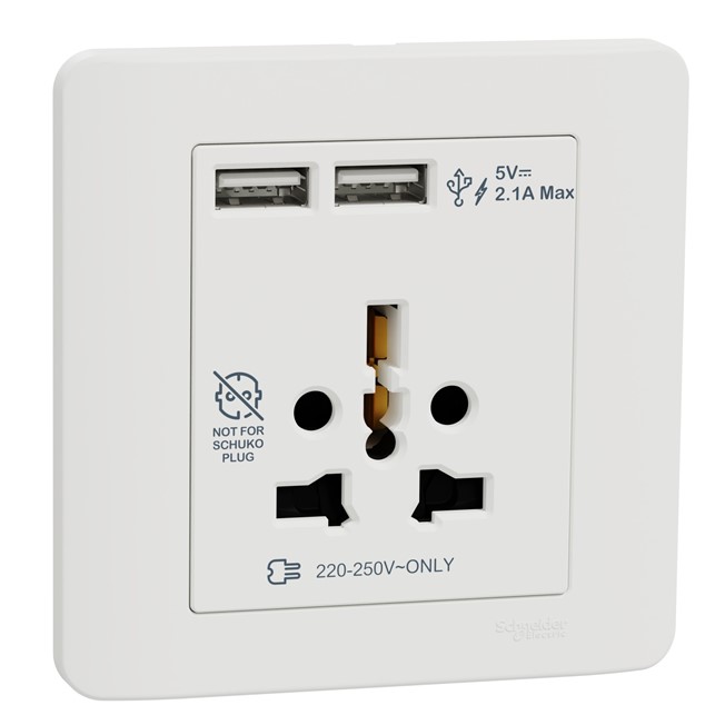 Stop Kontak Schneider ZENcelo 16A International Socket with 2.1A USB, White