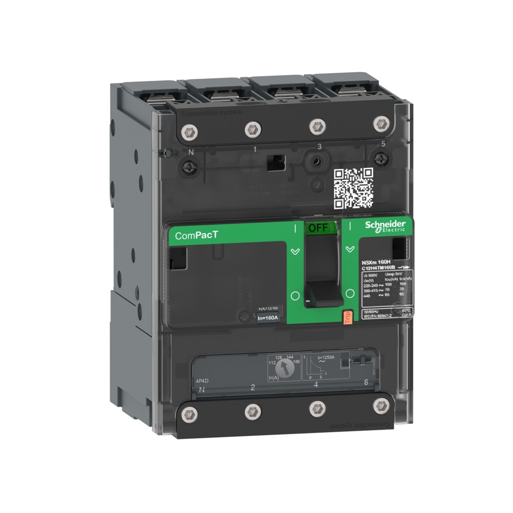 Schneider Circuit breaker, ComPacT NSXm 160F, 36kA/415VAC, 4 poles 3D (neutral not protected), TMD trip unit 125A, lugs/busbars (C12F6TM125B)