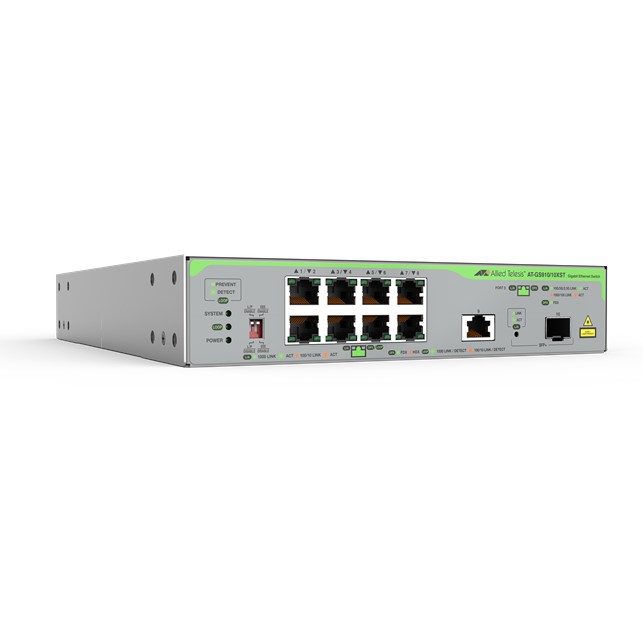 Allied Telesis Gigabit Unmanged Switch with 10G uplink, 8x 10/100M/1G-T, 1x 100M/1/2.5/5/10G-T, 1x SFP+ (AT-GS910/10XST-50)