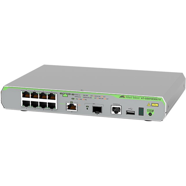 Allied Telesis L3 Switch, 8x 10/100/1000-T, 1x 1/2.5/5/10G-T, 1x SFP+ Ports. (AT-GS970EMX/10-50)