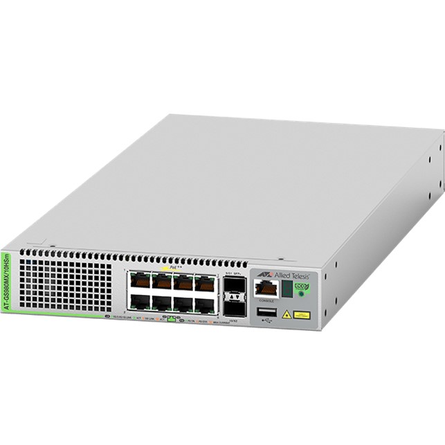 Allied Telesis 8-port PoE++ 100M/1/2.5/5G stackable L3 switch, 2x SFP+ ports (AT-GS980MX/10HSm-50)