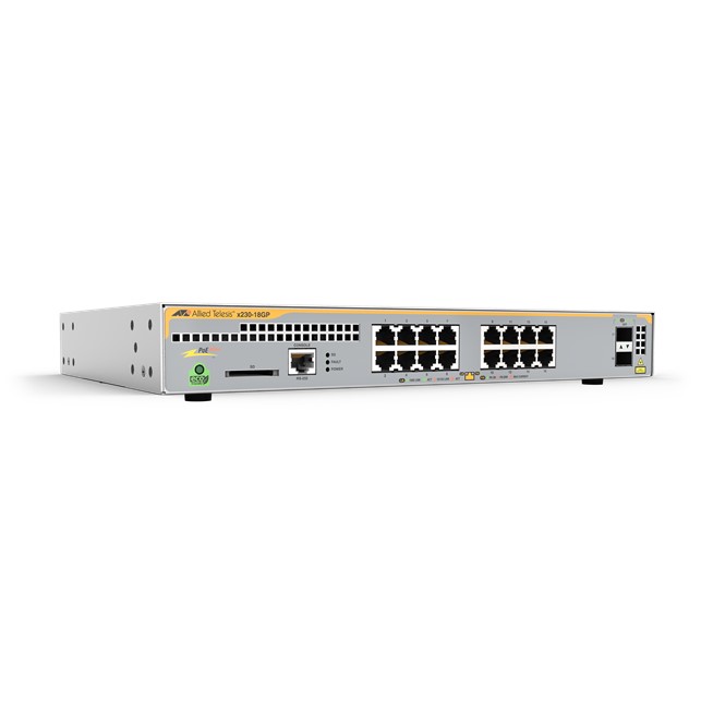 Allied Telesis L2+ switch with 16 x 10/100/1000T PoE ports and 2 x 100/1000X SFP ports. 5 year NCP support (AT-x230-18GP-B55)