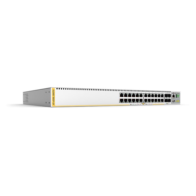 Allied Telesis 24-port 100/1000T stackable L3 switch with 4 SFP+ ports and 2 fixed power supplies. 1 year NCP support (AT-x530L-28GTX-B51)